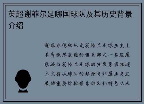 英超谢菲尔是哪国球队及其历史背景介绍